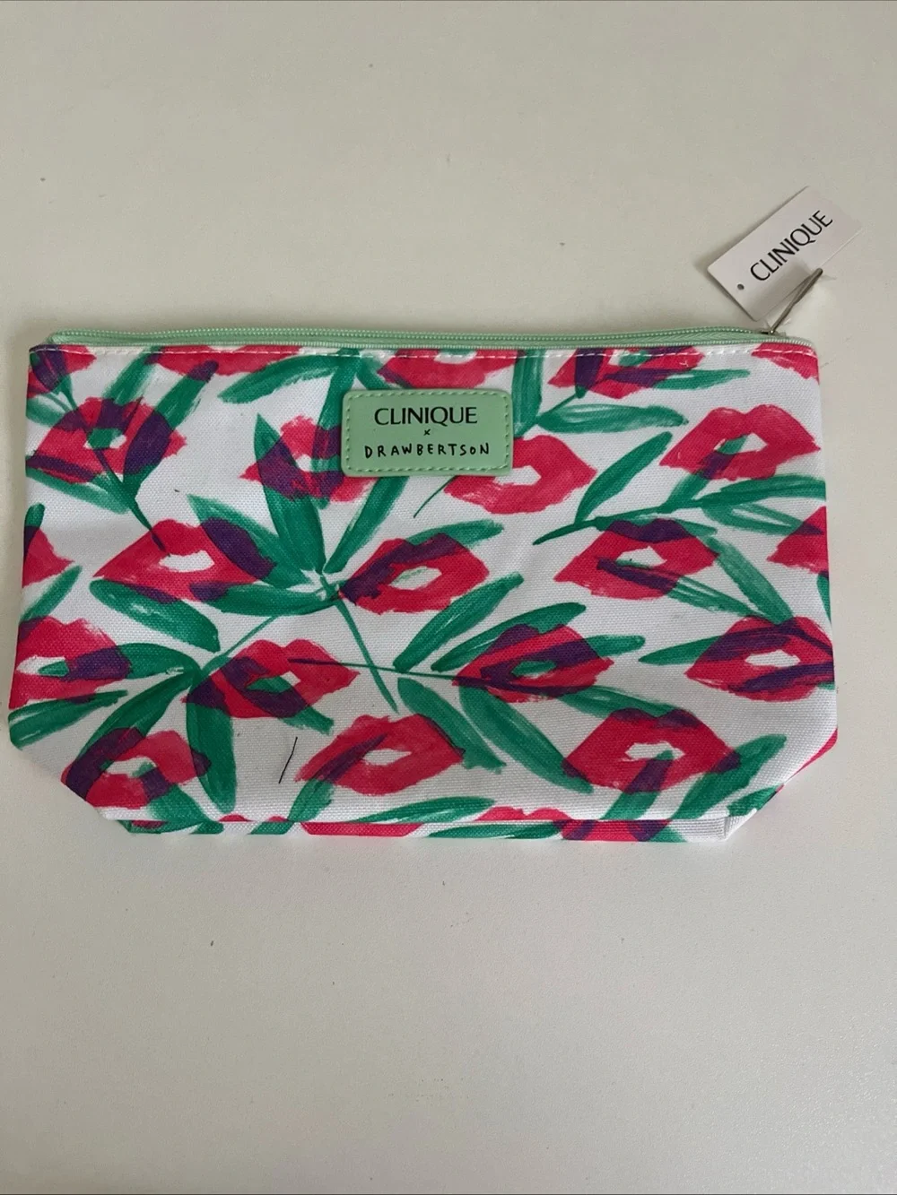 Clinique x Drawbertson Vibrant Green & Lips Makeup/Toiletries Bag  New. BAG ONLY